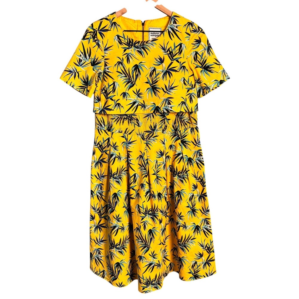 Autumn Adeigbo Yellow Tropical Palm Print Smocked Waist Midi Dress Womens Size 4